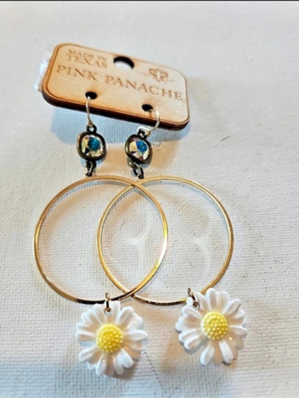 Pink Panache Gold & White Daisy Drop Hoop Earrings
